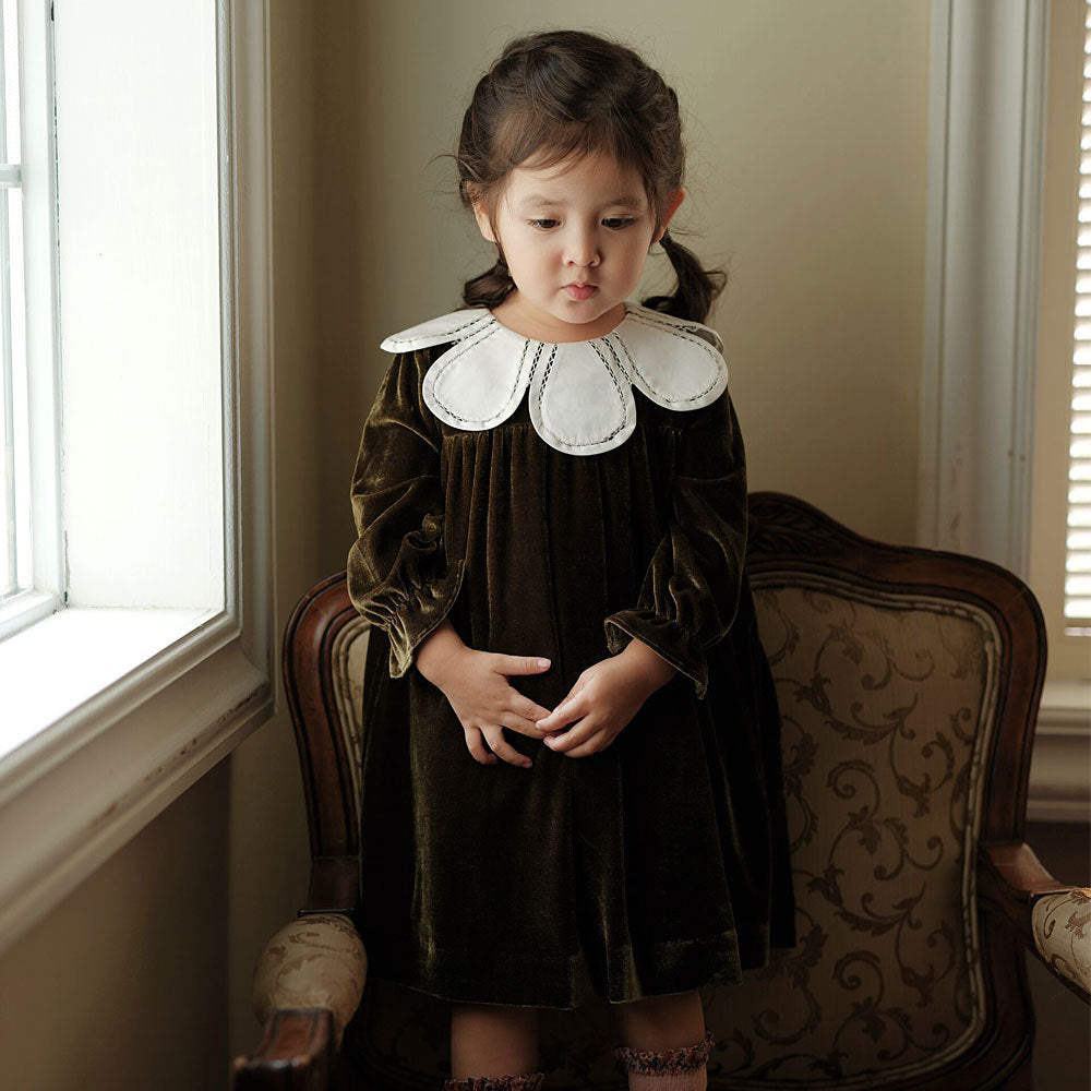 Olive Green Velvet  Dress,12M to 8T.