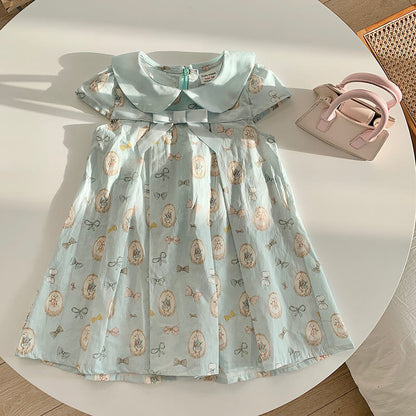 Adorable French Bow Knot Pleated Dress,2T to 7T.