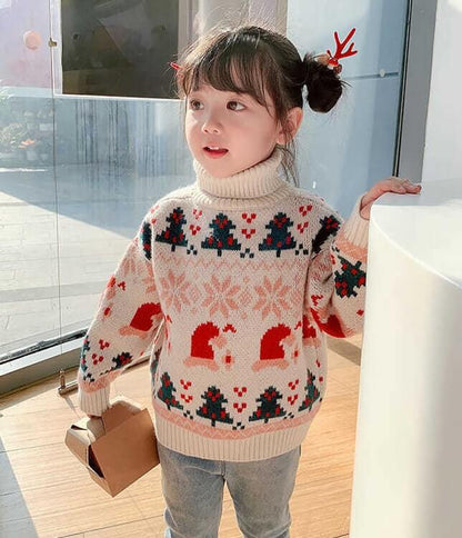 Christmas Theme Turtlenecks, Red/Beige,2T to 8T