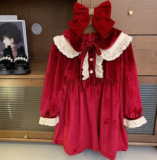 Vintage Red Velvet Lace Dress,2T to 7T.