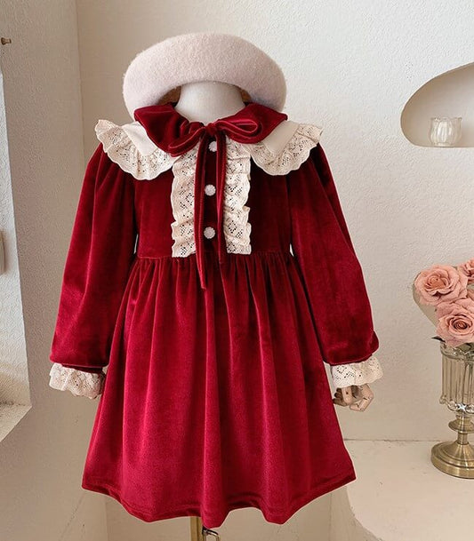Vintage Red Velvet Lace Dress,2T to 7T.