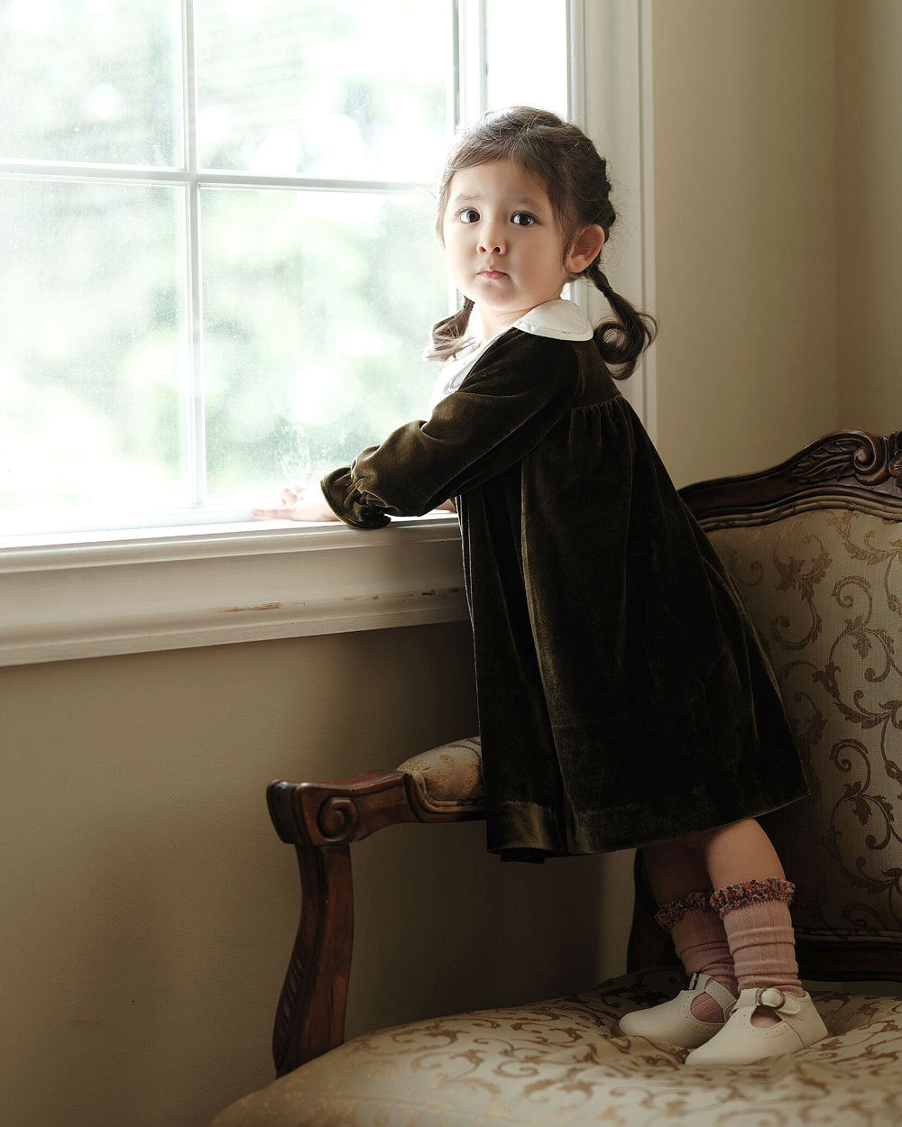 Olive Green Velvet  Dress,12M to 8T.