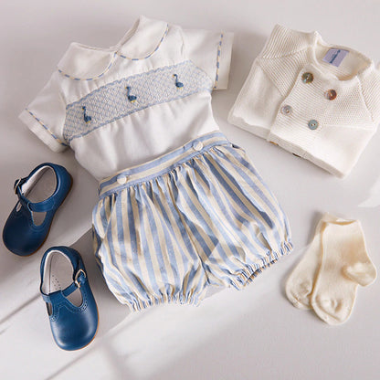 Hand Smocked Boys Shirt & Navy Stripped Pants,12M to 5T.
