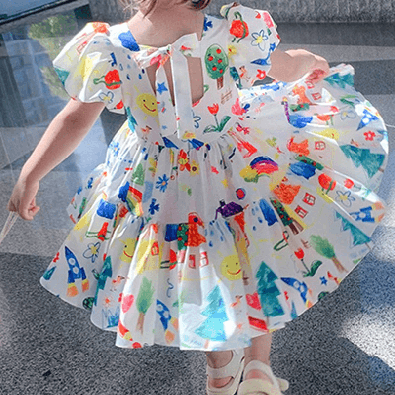Cute Summer Scribbled Dress,2T to 7T.