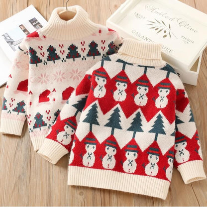 Christmas Theme Turtlenecks, Red/Beige,2T to 8T