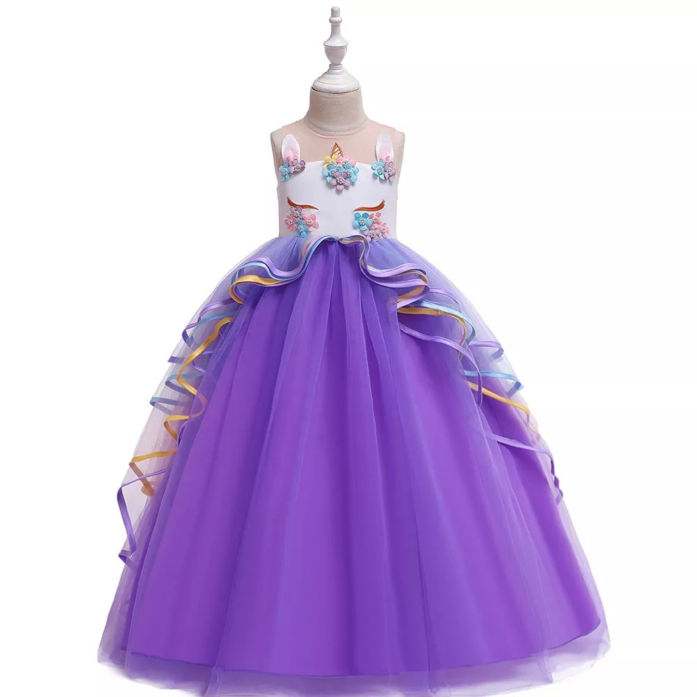 Unicorn Birthday Princess Dress With Headband,Pink/Purple,3T to 12T.