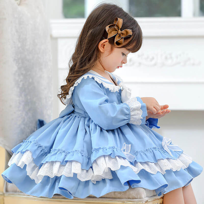 Spanish style Lolita Dress with bows, Pink/Blue, 12M to 5T.
