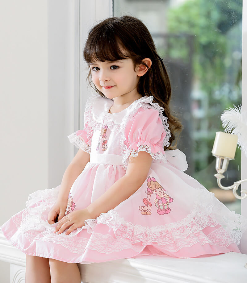 Spanish Style Lace Dress With Embroidery,Yellow/Pink,2T to 6T.