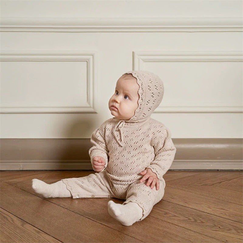 Knitted romper with bonnet,0M to 24M.