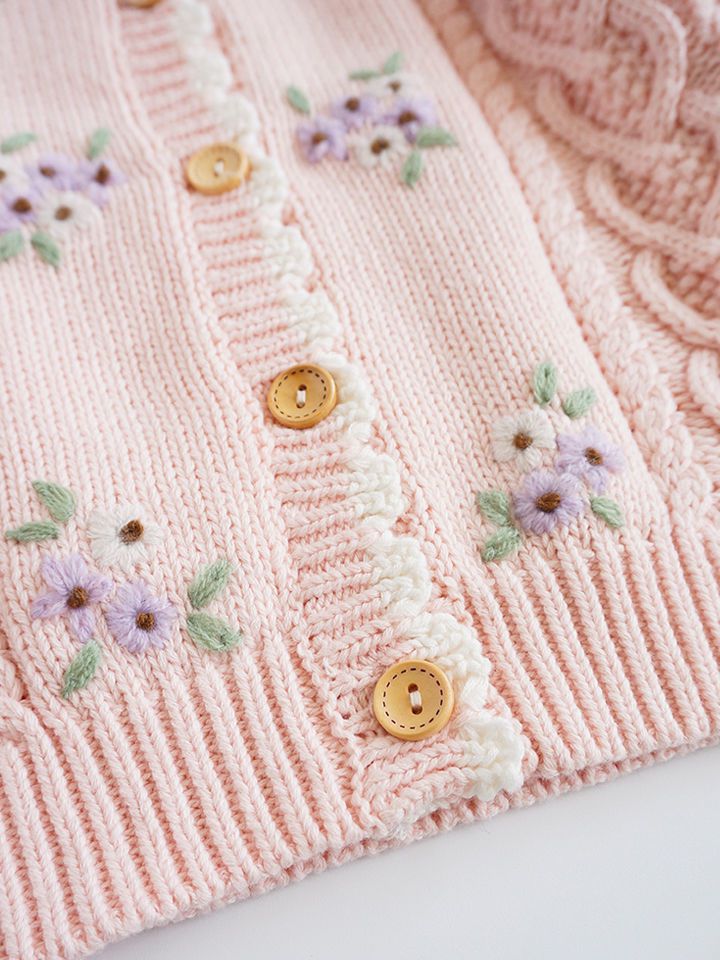 Cardigans With Hand Embroidery,Pink/White,3T to 8T.