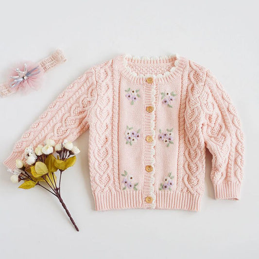 Cardigans With Hand Embroidery,Pink/White,3T to 8T.