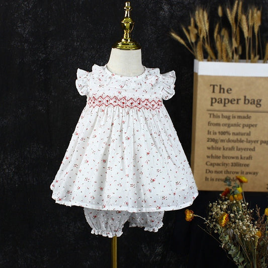 White Sleeveless Floral Smocked Dress,2T to 7T.