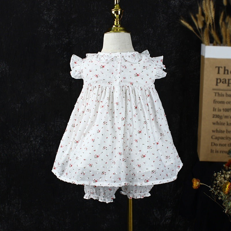 White Sleeveless Floral Smocked Dress,2T to 7T.