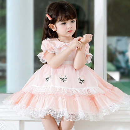 Spanish Style Lace Dress With Embroidery,Yellow/Pink,2T to 6T.