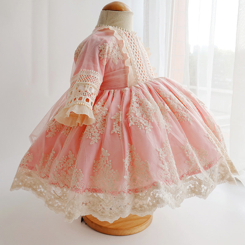 3Pc Stunning Vintage Style Lace Dress,Pink/Blue,12M to 6T.