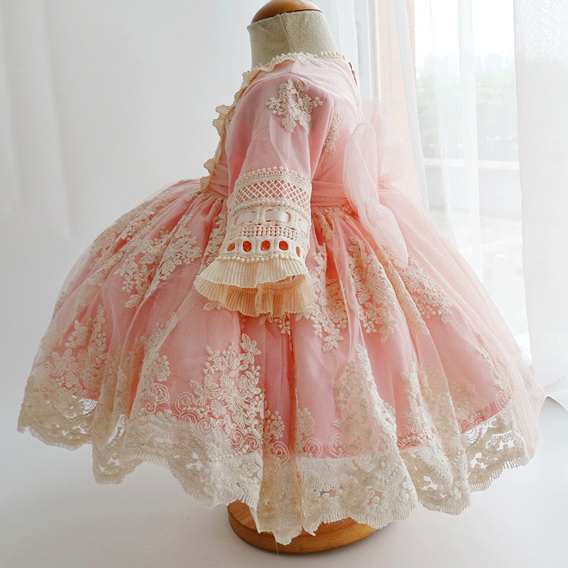 3Pc Stunning Vintage Style Lace Dress,Pink/Blue,12M to 6T.