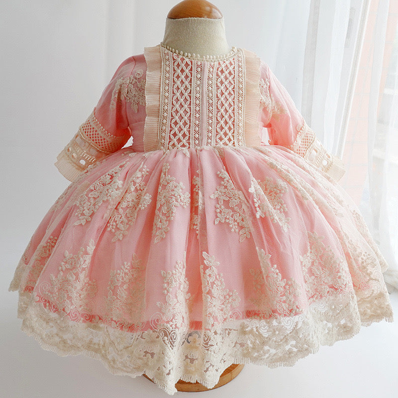 3Pc Stunning Vintage Style Lace Dress,Pink/Blue,12M to 6T.