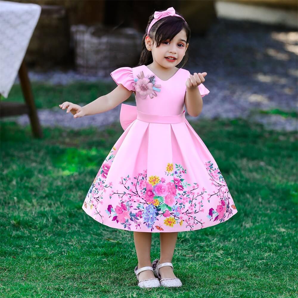 Floral Print Dress With Bow & Headband,White/Pink,12M to 7T.
