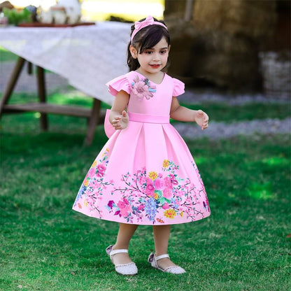 Floral Print Dress With Bow & Headband,White/Pink,12M to 7T.