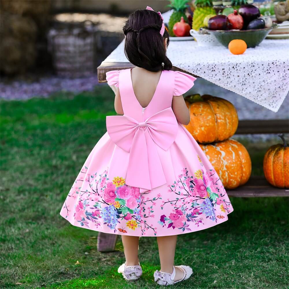 Floral Print Dress With Bow & Headband,White/Pink,12M to 7T.
