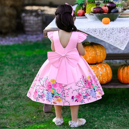 Floral Print Dress With Bow & Headband,White/Pink,12M to 7T.