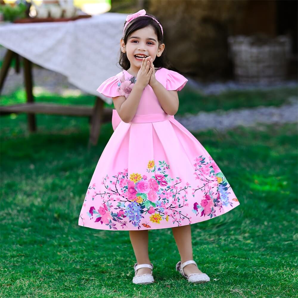 Floral Print Dress With Bow & Headband,White/Pink,12M to 7T.