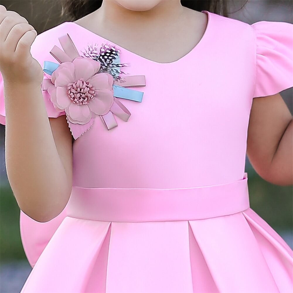 Floral Print Dress With Bow & Headband,White/Pink,12M to 7T.