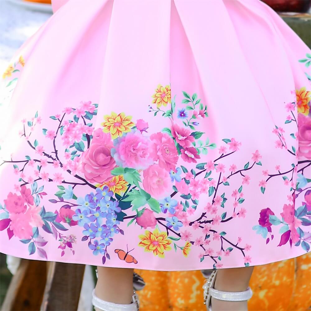 Floral Print Dress With Bow & Headband,White/Pink,12M to 7T.