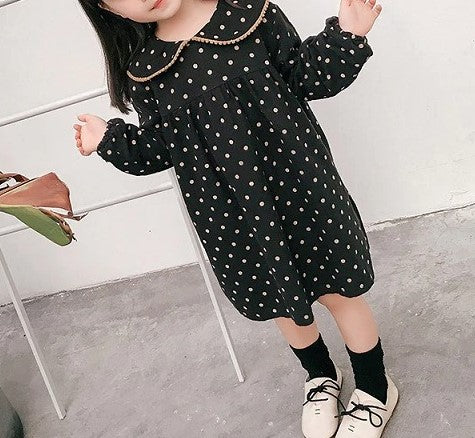 Cute Polka Dot Dress,Black/Beige,3T to 7T.