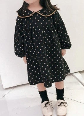 Cute Polka Dot Dress,Black/Beige,3T to 7T.