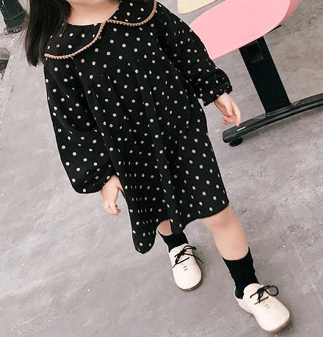 Cute Polka Dot Dress,Black/Beige,3T to 7T.