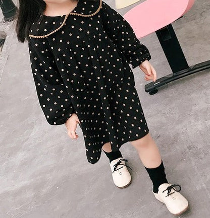 Cute Polka Dot Dress,Black/Beige,3T to 7T.