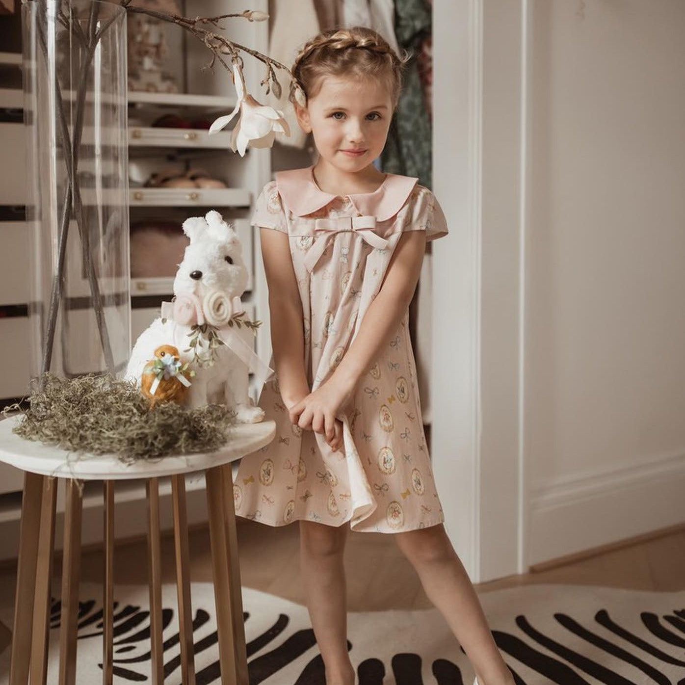 Adorable French Bow Knot Pleated Dress,2T to 7T. Pink / 4T