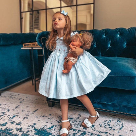 Hand Smocked Dress With Floral Embroidery,Blue/Green,12M to 6T.