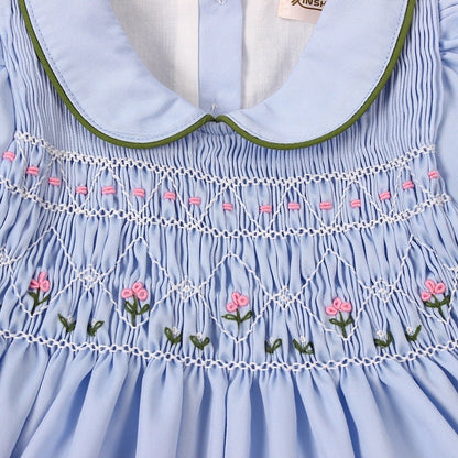 Hand Smocked Dress With Floral Embroidery,Blue/Green,12M to 6T.