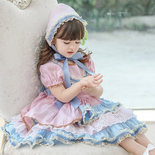 3Pc Pink & Blue Spanish Lolita Dress,12M to 6T.