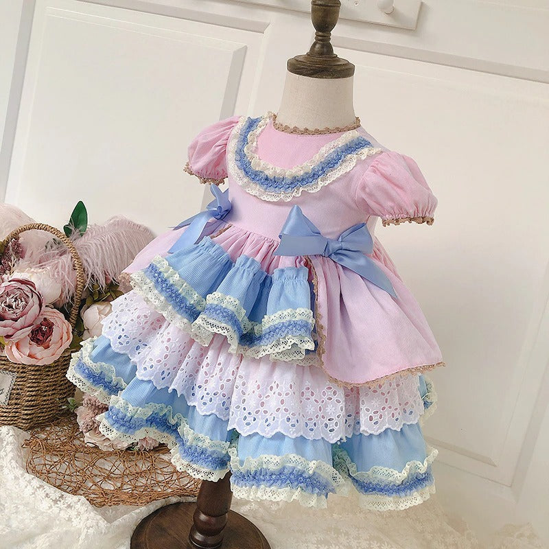 3Pc Pink & Blue Spanish Lolita Dress,12M to 6T.