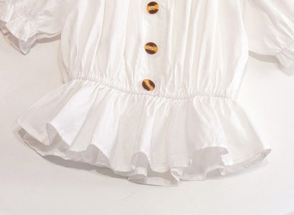 Puff Sleeves Top,White/Blue,12M to 7T.
