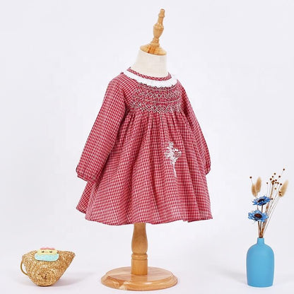 Red Plaid Smocked Dress, 2T to 7T.