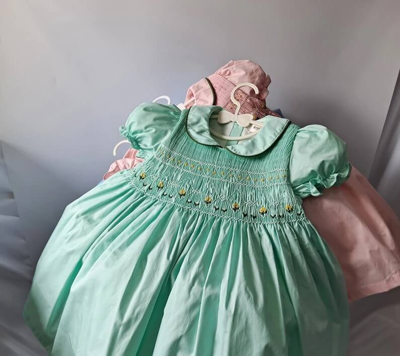 Hand Smocked Dress With Floral Embroidery,Blue/Green,12M to 6T. Blue / 3T Hand Smocked Dress With Floral Embroidery,Blue/Green,12M to 6T. Blue / 3T