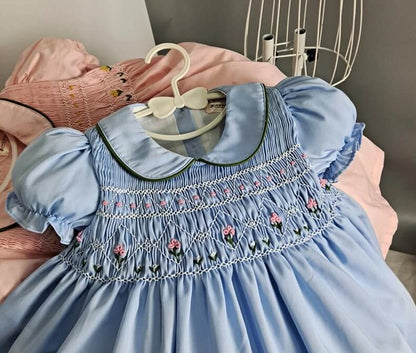 Hand Smocked Dress With Floral Embroidery,Blue/Green,12M to 6T.
