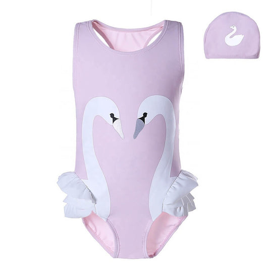 Cute Swan Print Swimwear With Hat,12M to 7T.