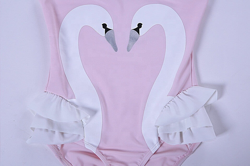 Cute Swan Print Swimwear With Hat,12M to 7T.