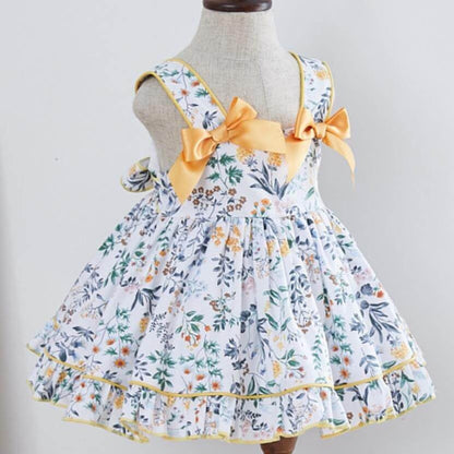 Spanish Style Vintage Floral Dress With Bloomer,Yellow/Pink,12M to 6T.