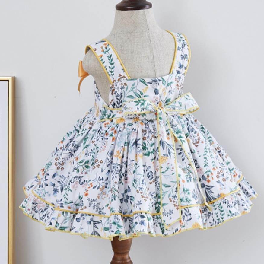 Spanish Style Vintage Floral Dress With Bloomer,Yellow/Pink,12M to 6T.