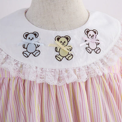 Pink Gingham Bear Embroidered Dress,12M to 6T.