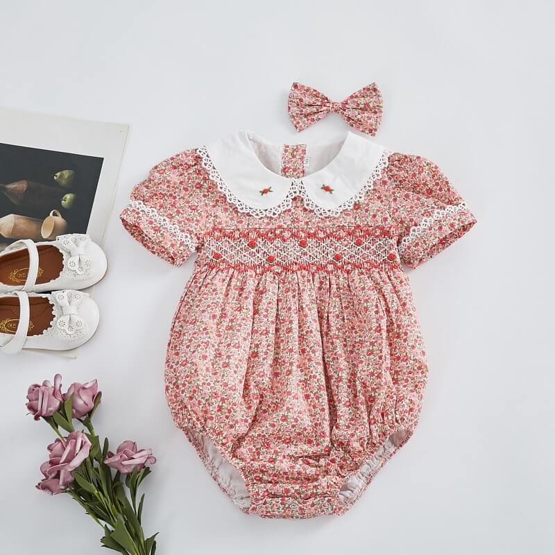 Beautiful Floral Hand Smocked Romper,3M To 3T.