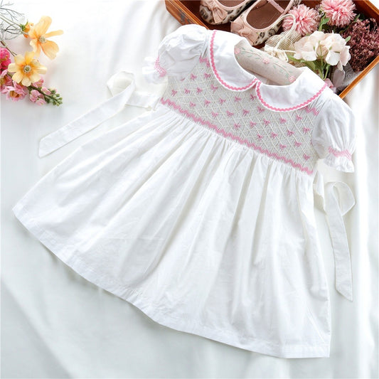 White Hand Smocked Dress With Embroidered Bows, 3M to 14T.