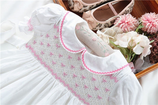 White Hand Smocked Dress With Embroidered Bows, 3M to 14T.